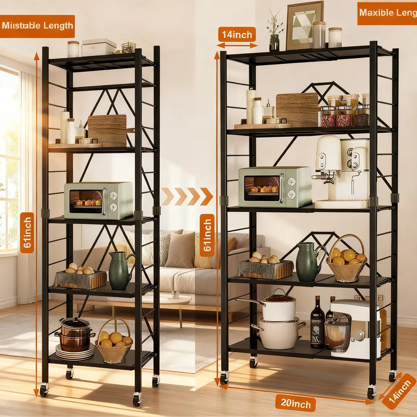 5-Tier Foldable Metal Rack with Wheels, Converts to 2-Tier