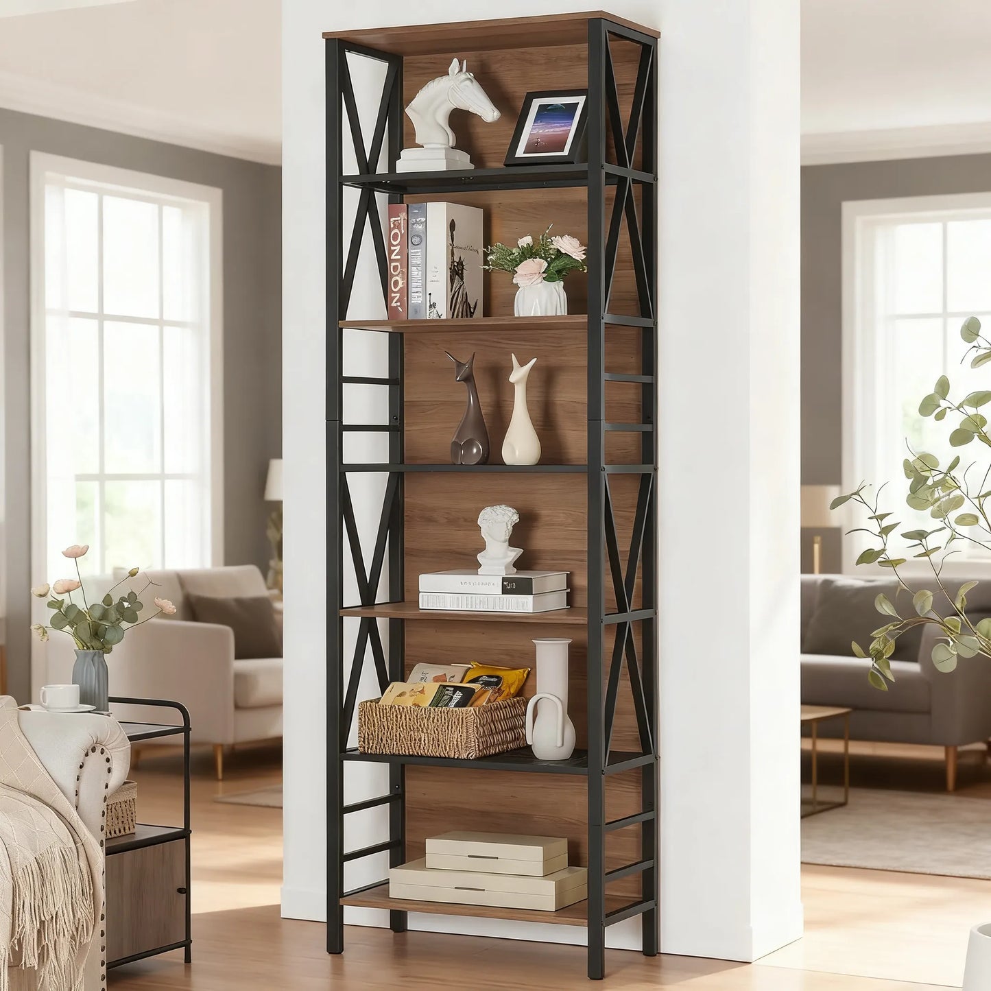 7-Tier Tall Bookcase, Industrial Metal & Wood Frame