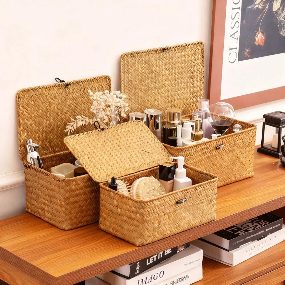 3-Piece Seagrass Storage Bin Set with Lids, Natural Material for Multi-Size Home Organization
