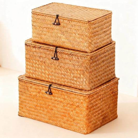 3-Piece Seagrass Storage Bin Set with Lids, Natural Material for Multi-Size Home Organization