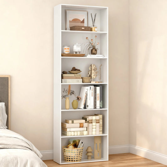 6-Tier Open Bookcase, White Freestanding Shelf